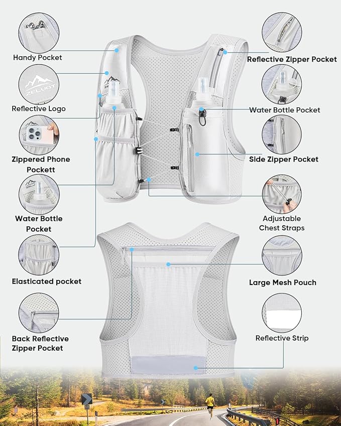 Running Vest for Women Men, USA Original Patent, Adjustable Chest Straps Running Hydration Vest with 500ml Soft Flask, Lightweight Reflective Hydration Backpack for Marathon