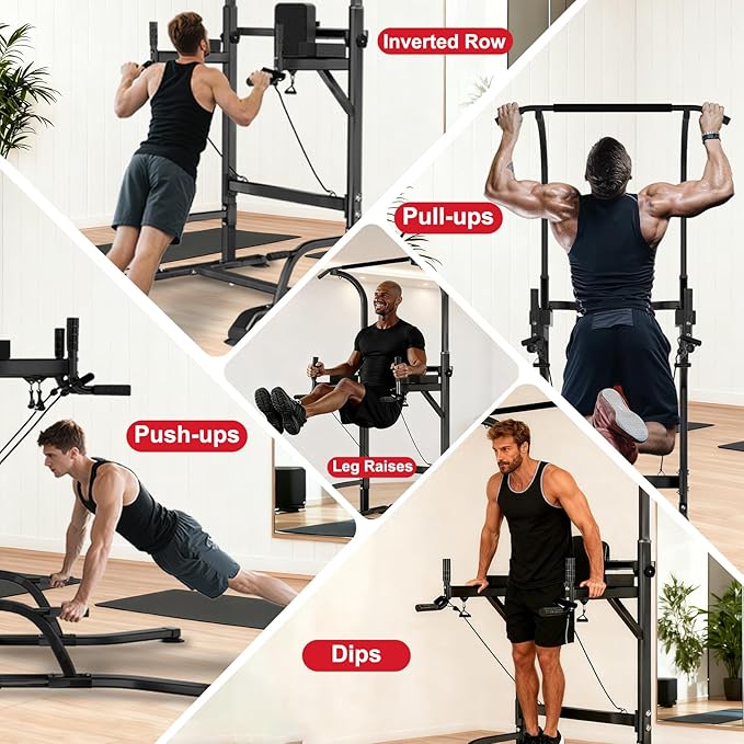 Power Tower Pull Up Bar Dip Station for Home Gym, Adjustable Height Strength Training Equipment with Resistance Bands and Grip Rope