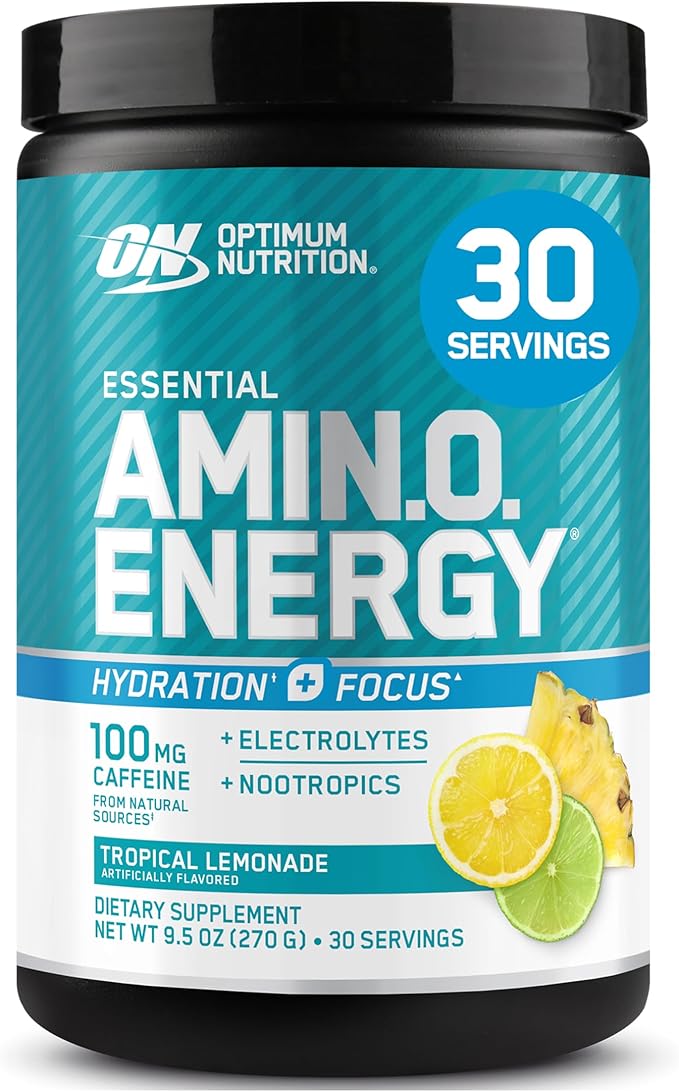 Optimum Nutrition Amino Energy Powder Plus Focus, with BCAA, Electrolytes, and Caffeine, Tropical Lemonade, 30 Servings (Packaging May Vary)