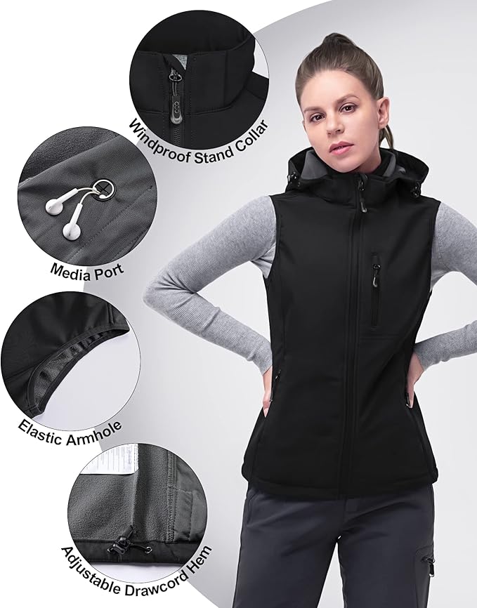 33,000ft Women's Hooded Lightweight Softshell Vest Fleece Lined Windproof Zip Up Sleeveless Jacket for Hiking Golf Running