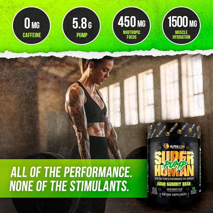 ALPHA LION Superhuman Pump Pre Workout Powder, Nootropic Caffeine & Stim Free Preworkout Supplement, Nitric Oxide Booster, Muscle Gainer, Energy & Focus (42 Servings, Sour Gummy Bear)