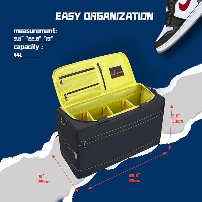 Sneaker Duffel Travel Bag, Waterproof Sneaker Duffle Bags Shoe Bags for Travel, Basketball Sports Gym bag with 3 Adjustable Dividers, & Shoulder Strap, Yellow