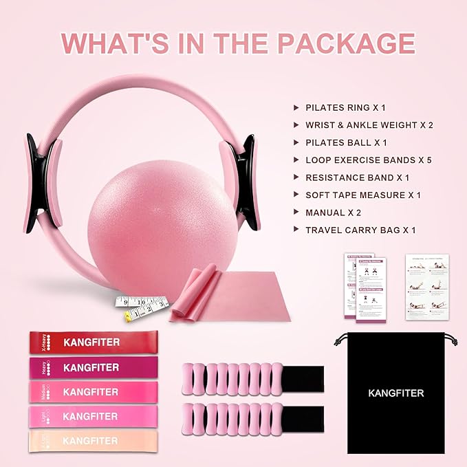 Pilates Equipment Kit for Home Workout, Pilates Ring and Ball Set with Adjustable Ankle Wrist Weights, Resistance Bands, Tape Measure, Bag, Pilates Essentials Accessories for Women Yoga