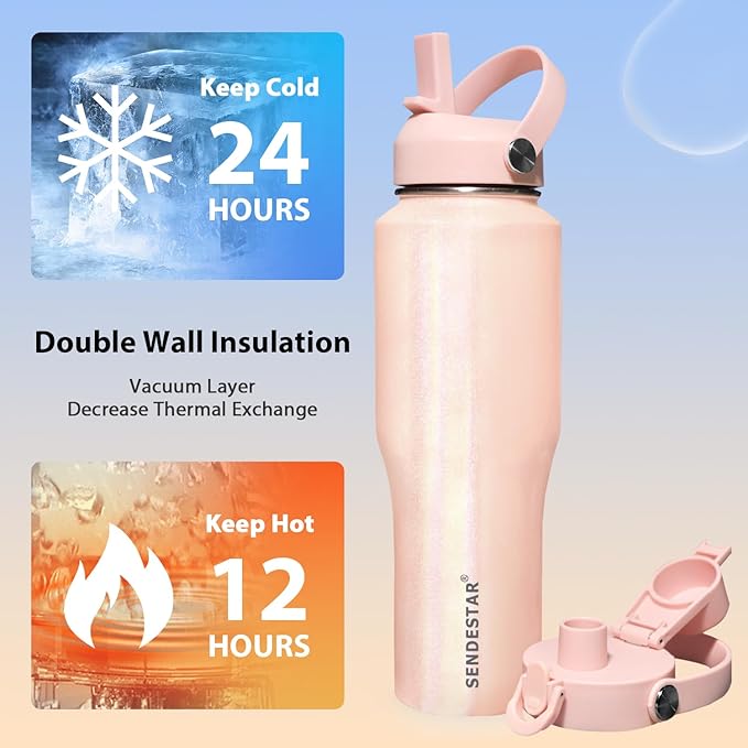 SENDESTAR 40oz Stainless Steel Water Bottle(Cold for 48 Hrs, Hot for 24 Hrs),Double Wall Vacuum Insulated Bottle with Straw Lid, Spout Lid and Flex Cap, Fit in Any Car Cup Holder,Laser Pink
