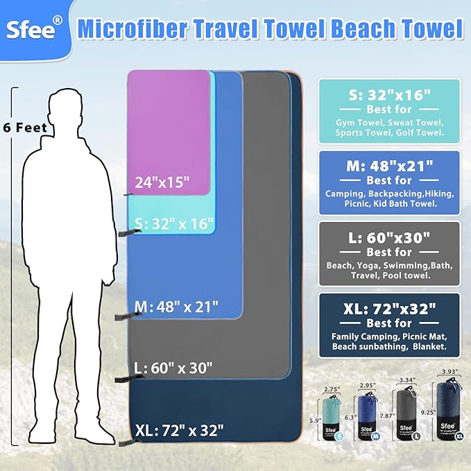 Sfee 2 Pack Microfiber Travel Towel, Quick Dry Towel Camping Towel Beach Towel Super Absorbent Compact Lightweight Sports Gym Towels Set for Beach, Gym, Hiking, Pool, Backpacking, Bath, Yoga