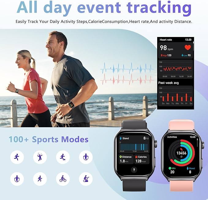 YMS Android Smart Watch for Women - Bluetooth Call,Compatible with Android & iOS,2.0" HD Screen, Heart Rate/Sleep/Step Tracker, 100+ Sports Modes,IP68 Waterproof Men Fitness Tracker (Black)