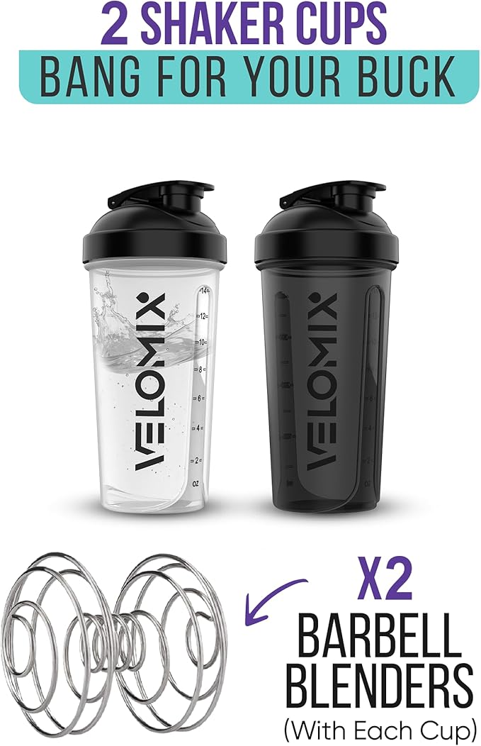 VELOMIX -2 Pack- 20 oz Protein Shaker Bottles for Protein Mixes - 2x Wire Whisk | Leak Proof Shaker Cups for Protein Shakes and Pre Workout | Protein Shaker Bottle Pack (N) 14 OZ - Extra Small