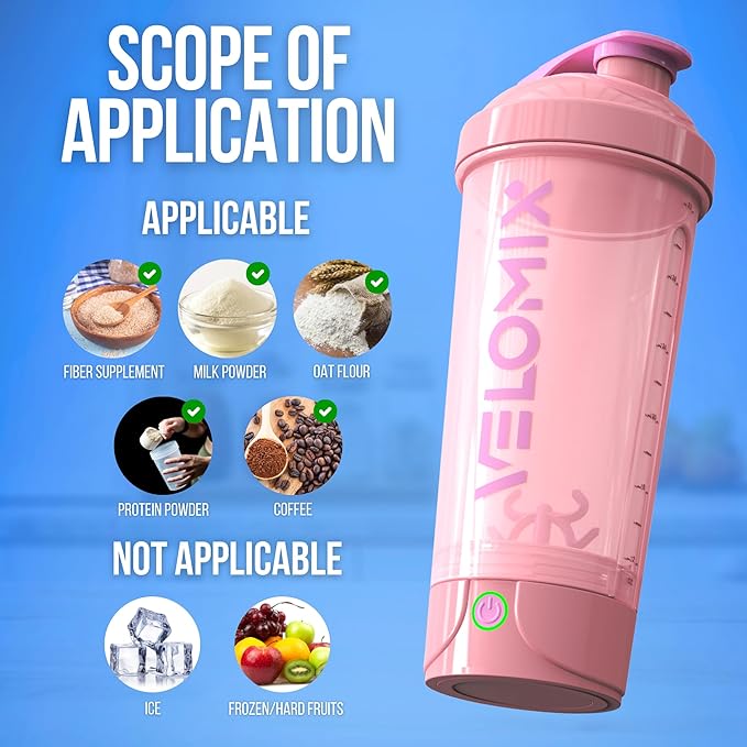 VELOMIX Electric Protein Shaker Bottle - 24 oz | USB-C Rechargeable | Leak Proof Shaker Cups for Protein Shakes | Portable Blender for Shakes and Smoothies (Electric - Pink)
