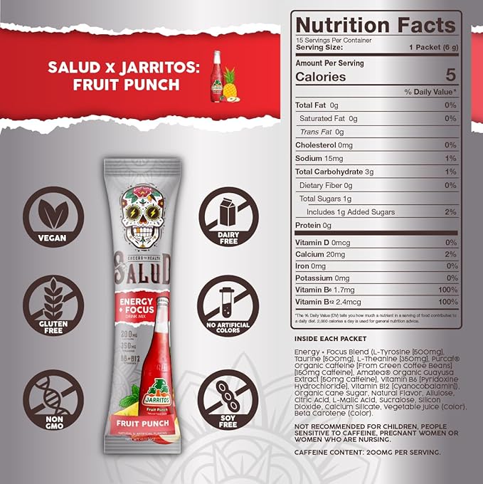 Salud x Jarritos 2-in-1 Energy Drink Powder + Focus, Fruit Punch, Organic Caffeine, B6 + B12, Theanine, Clean Energy Drink Packets, Agua Fresca Mix, Non-GMO, Gluten Free, 1g of Sugar, (15 Servings)