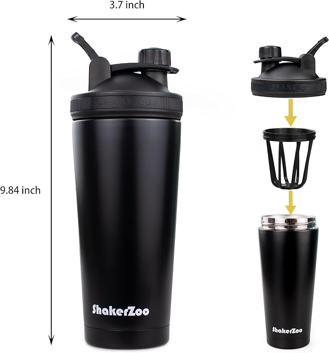 ShakerZoo-1 Pack-Protein Shaker bottles for Protein Mixes, Insulated Stainless Steel Shaker cup (Black)