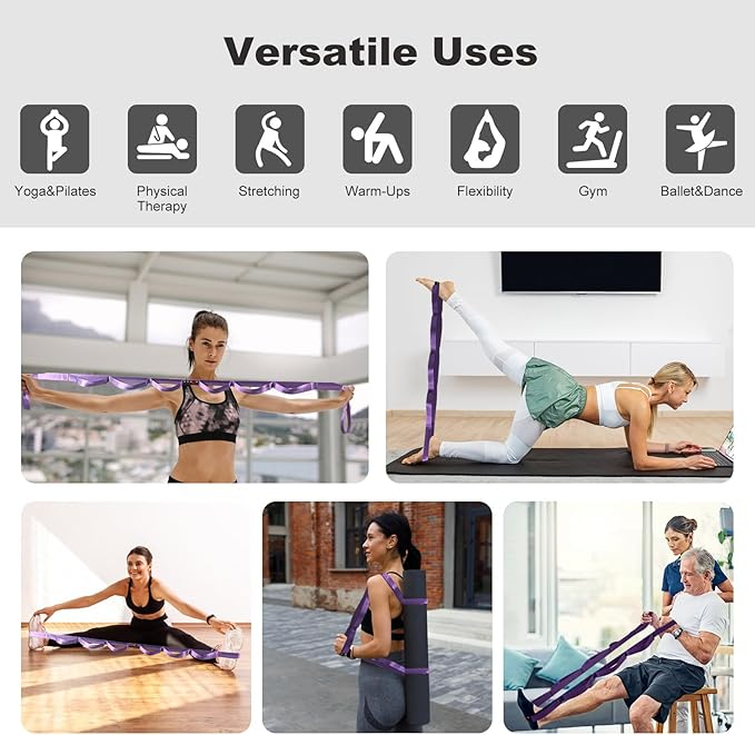 Durable Non-Elastic Stretch Strap for Physical Therapy and Yoga, 10 Loops Stretching Band for Pilates, Flexibility, Exercise - Ideal for Men & Women
