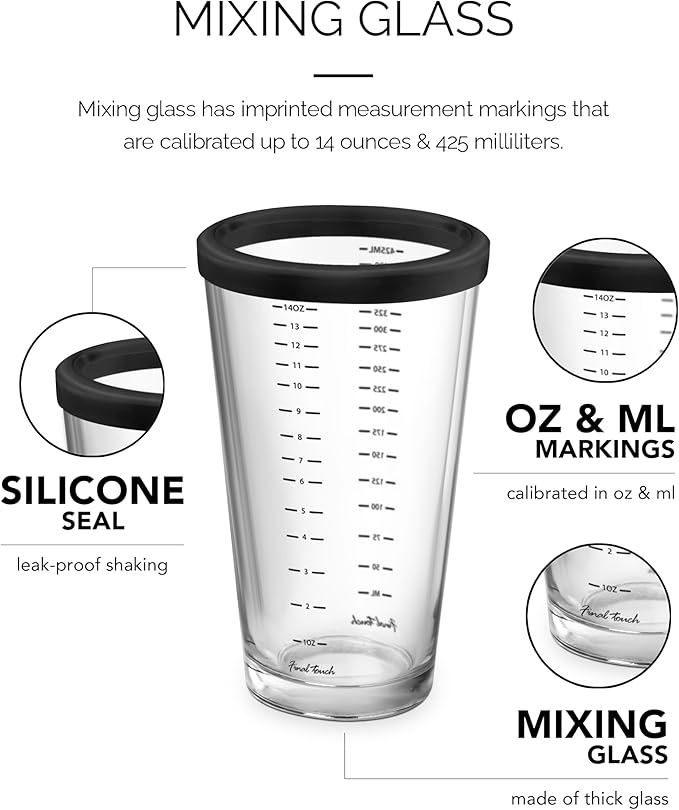 Final Touch Double-Wall Boston Shaker Set - Stainless Steel Mixing Glass with Silicone Seal - BPA-Free, Compact Storage - Leak-Proof Design - Cocktail Bartender Kit (FTA1852)