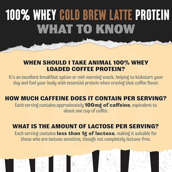 Animal 100% Whey Protein Powder Sampler Pack & Shaker Bottle – Real Instant Iced Coffee Whey + 20g of Protein, 120mg of Caffeine Meal Replacement with BCAA – Cold Brew Latte, 3 Single-Serving Packets