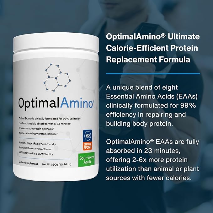 OptimalAmino Amino Acid Powder | 99% Utilized Essential Amino Acid (EAA) Supplement | Pre/Post Workout & Muscle Recovery | NSF for Sport Certified | Sour Green Apple Flavor