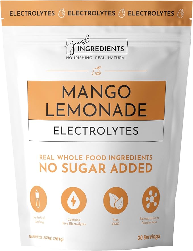 JUST INGREDIENTS Mango Lemonade Electrolyte Drink Mix - Coconut Water, Sea Salt, Trace Minerals - 30 Servings