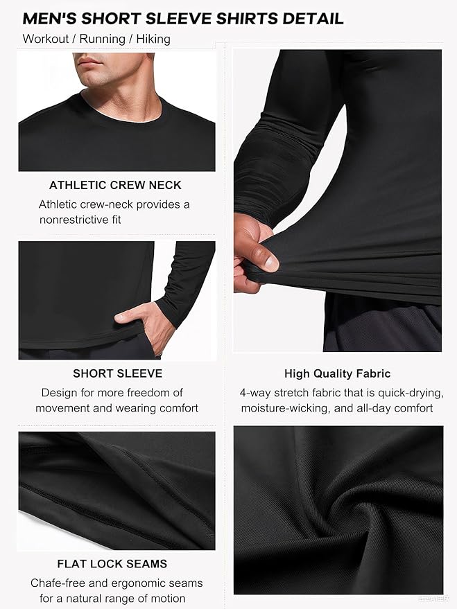 Men's 1, 3 or 5 Pack Performance Long Sleeve T-Shirts, UPF 50+ Sun Protection Shirts, Athletic Gym Workout Shirts for Running