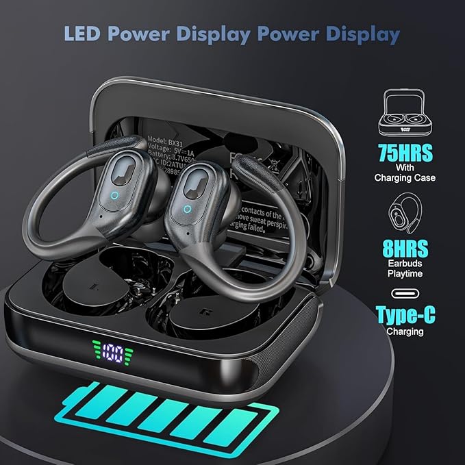 Wireless Earbuds Bluetooth 5.4 Headphones, Noise Canceling Ear Buds with 75hr Playtime, LED Power Display, IPX7 Waterproof Earphones Over Ear Earphones for Sports/Workouts