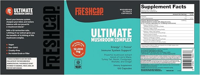 FreshCap Mushrooms Ultimate Mushroom Supplement 12,000mg - Mushroom Complex Capsules, Organic Supplement Ayurveda (120 Capsules)