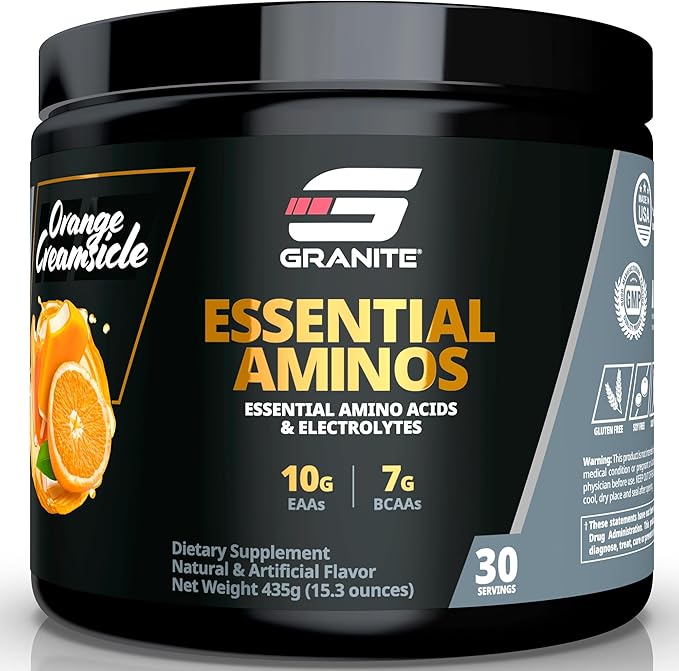Granite Essential Amino Acids Powder for Muscle Recovery and Growth with 10g EAAs and 7g BCAAs - Soy-Free, Gluten-Free, 448g (30 Servings), Orange Creamsicle Flavor