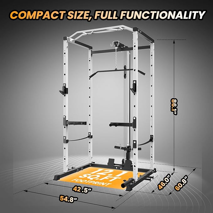 Power Cage with LAT Pulldown Machine - Squat Rack for Home Gym, Multi-Functional Weight Cage with Cable Pulley System, Dip Bars & Landmine Attachment