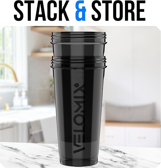 VELOMIX -2 Pack- 28 oz Protein Shaker Bottles for Protein Mixes - 2x Wire Whisk | Leak Proof Shaker Cups for Protein Shakes | Protein Shaker Bottle Pack | Shakers for Protein Shakes - 2xBlack