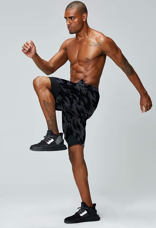 Pinkbomb Men's 2 in 1 Running Shorts Gym Workout Quick Dry Mens Shorts with Phone Pocket