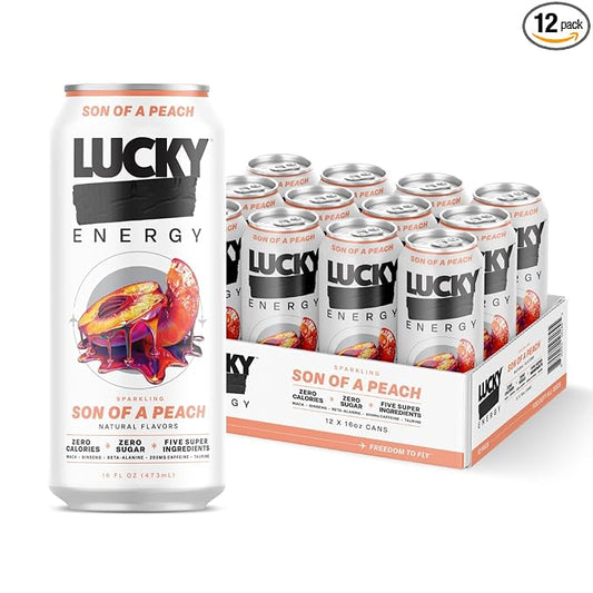 Lucky Energy Sugar Free Energy Drinks, Son of a Peach, 16oz Cans (12-Pack) Healthy, Zero Sugar Energy Drink with Maca, Ginseng, Beta-Alanine, Taurine & 200mg Caffeine
