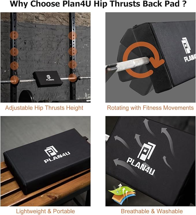 Hip Thrust Back Pad for Squat Rack & Olympic Barbell Bar, Bench Press Back Support, Versatile Space-Saving Workout Tilt-pad for Hip Thrust, Split Squat, Plank, Elevated Push-ups Glute Bridge