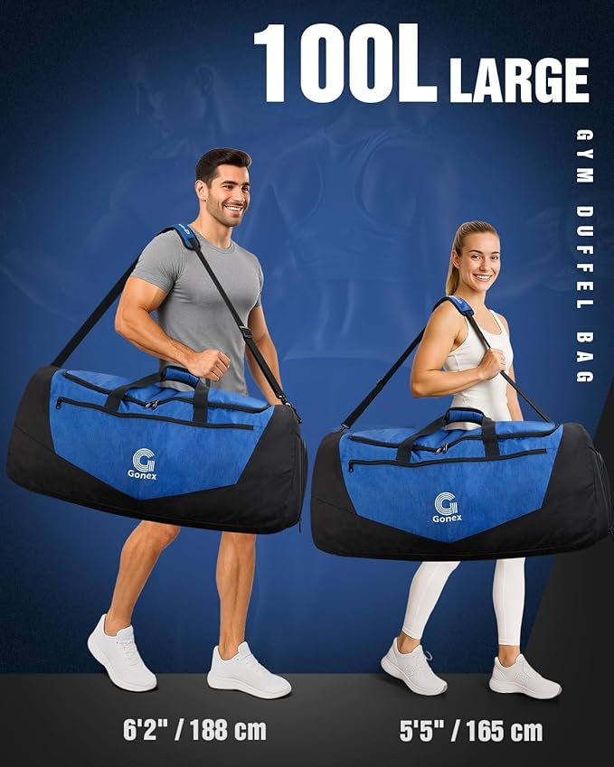 Gonex Gym Duffel Bag with Shoe Compartment Wet Pocket, Large Capacity Sports Duffle Bag for Men Women, Workout & Travel Bag with Multiple Pockets, Black/Blue, Large (100L)
