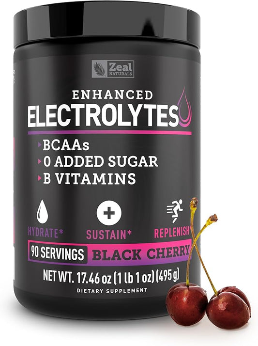 Zeal Naturals Electrolyte Powder Recovery Drink (90 Servings | Black Cherry) w 0 Sugar +BCAAs +B-Vitamins Electrolyte Supplement w Potassium Zinc & Magnesium for Hydration - Keto Electrolytes