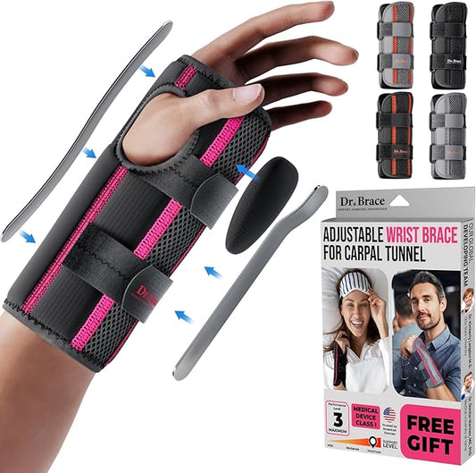 DR. BRACE Adjustable Wrist Brace Night Support for Carpal Tunnel, Doctor Developed, Upgraded with Double Splint & Therapeutic Cushion,Hand Brace for Pain Relief,Injuries,Sprains (L/XL Right Hand, Black-Pink)