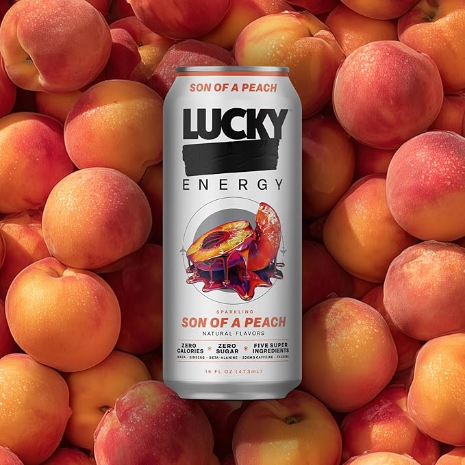 Lucky Energy Sugar Free Energy Drinks, Son of a Peach, 16oz Cans (12-Pack) Healthy, Zero Sugar Energy Drink with Maca, Ginseng, Beta-Alanine, Taurine & 200mg Caffeine