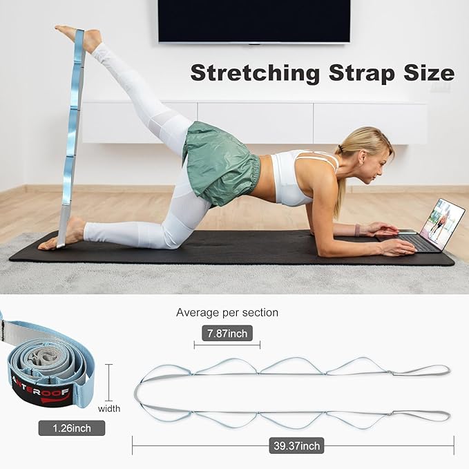 Durable Non-Elastic Stretch Strap for Physical Therapy and Yoga, 10 Loops Stretching Band for Pilates, Flexibility, Exercise - Ideal for Men & Women