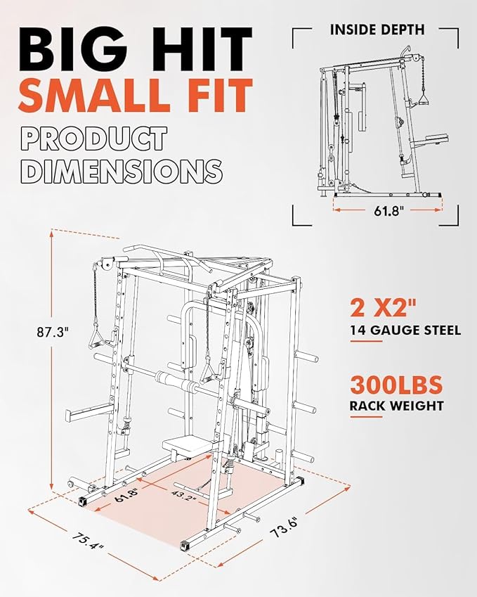 Mikolo All-in-One Smith Machine Home Gym with 230lbs Weight Plates, Power Cage with Cable Crossover, LAT Pulldown, Squat Rack & Adjustable Weight Bench