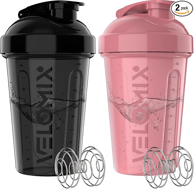 VELOMIX -2 Pack- 20 oz Protein Shaker Bottles for Protein Mixes - 2x Wire Whisk | Leak Proof Shaker Cups for Protein Shakes and Pre Workout | Protein Shaker Bottle Pack (K) Pink/Black