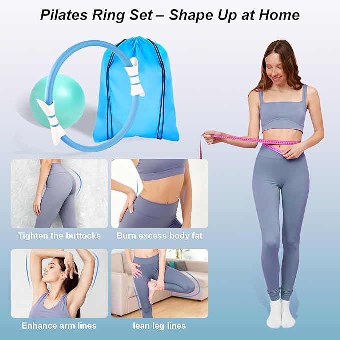 Luscinia Pilates Equipment Kit for Women Home Pilates Essentials Set with 14" Pilates Ring Circle 7" Pilates Ball Pilates Resistance Bands Figure 8 Band and Accessories Pink Pilates Kit for Beginners