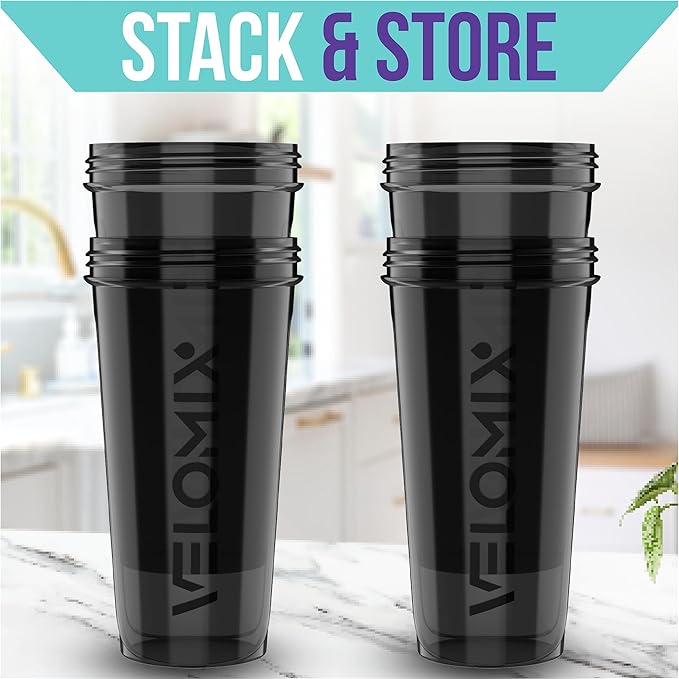 VELOMIX -4 PACK- 28 oz Protein Shaker Bottle for Protein Mixes - 4x Wire Whisk | Leak Proof Shaker Cups for Protein Shakes | Protein Shaker Bottle Pack | Protein Shake Cup(All in Black)