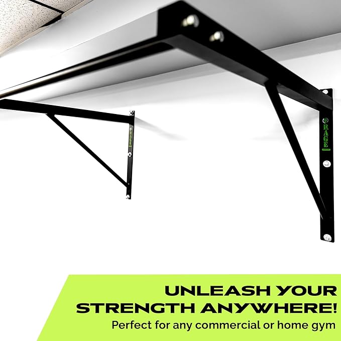 Rage Fitness Heavy-Duty Wall Mounted Pull Up Bar - 500 lbs Weight Capacity | Maintain Upper Body Strength & Core Stability | Space Efficient Steel Chin Up Black Bar for Home & Gym Versatile Workouts