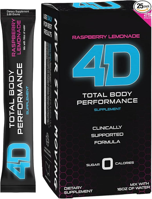 4D Raspberry Lemonade 25 Unit Drink Mixes - Electrolytes, Aminos, Vitamins & Energy Powder Packets - Zero Calories & Sugars - Gluten Free, Non-GMO, Keto & Vegan Friendly