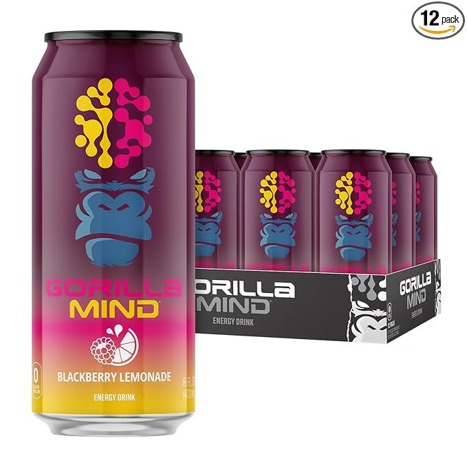 Gorilla Mind Energy Drink | Unmatched Energy · Amplified Focus | N-Acetyl-L-Tyrosine, Alpha-GPC, 200mg Caffeine, Uridine, Saffron | 0 Sugar Or Artificial Colors | 16oz, 12-Pack (Blackberry Lemonade)