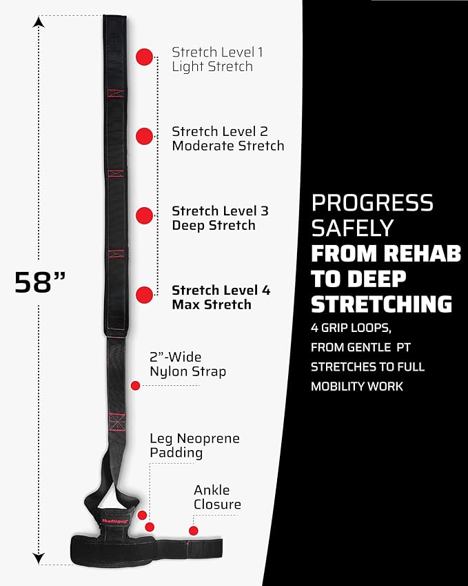 Quad Stretch Strap with Ankle Support – Physical Therapy Band for Legs, Non-Elastic 4-Loop Rehab Strap for Quads & Hip Flexors, Mobility & Recovery