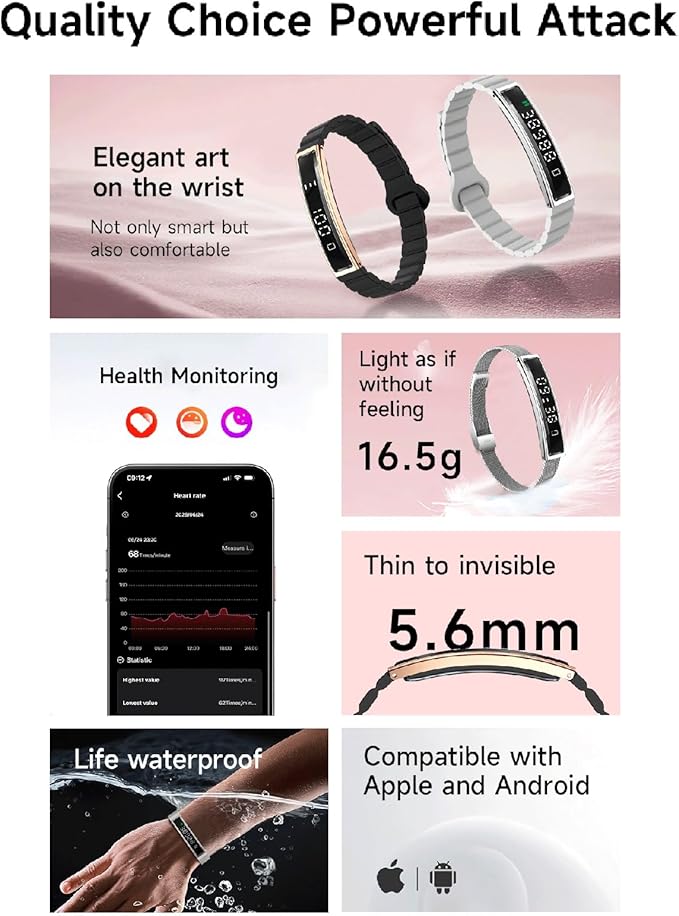 2025 Smart Bracelet for Women - 16.5g Ultra-Light, 5.6mm Thin, 5ATM Waterproof with 24/7 Heart Rate/SpO2/Sleep Monitoring, Bluetooth 5.3, APP, Multi-Sport Modes for iOS & Android,Gift for Girl