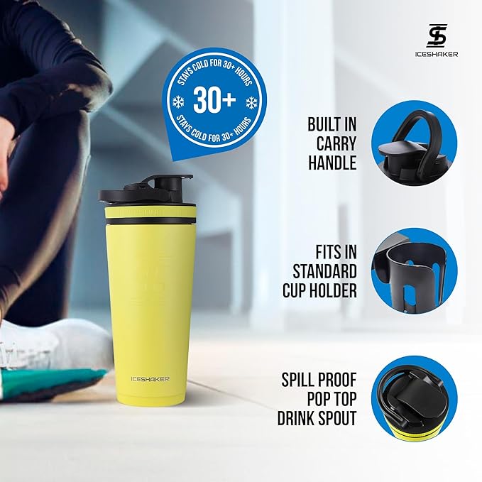 Ice Shaker Insulated Stainless Steel Shaker Bottle | 26oz, Yellow | Cold for 30+ Hours | Insulated Cup with Twist-on Agitator | Odor-Free Bottle for Protein Shakes, Water, Smoothies, Cocktails