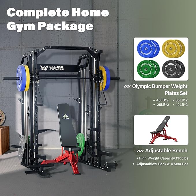Major Fitness Drone2 Smith△ Machine – All-in-One Home Gym Squat Rack with Weight Bar, Dual LAT Pull-Down Systems & Cable Crossover Machine for Full-Body Workouts