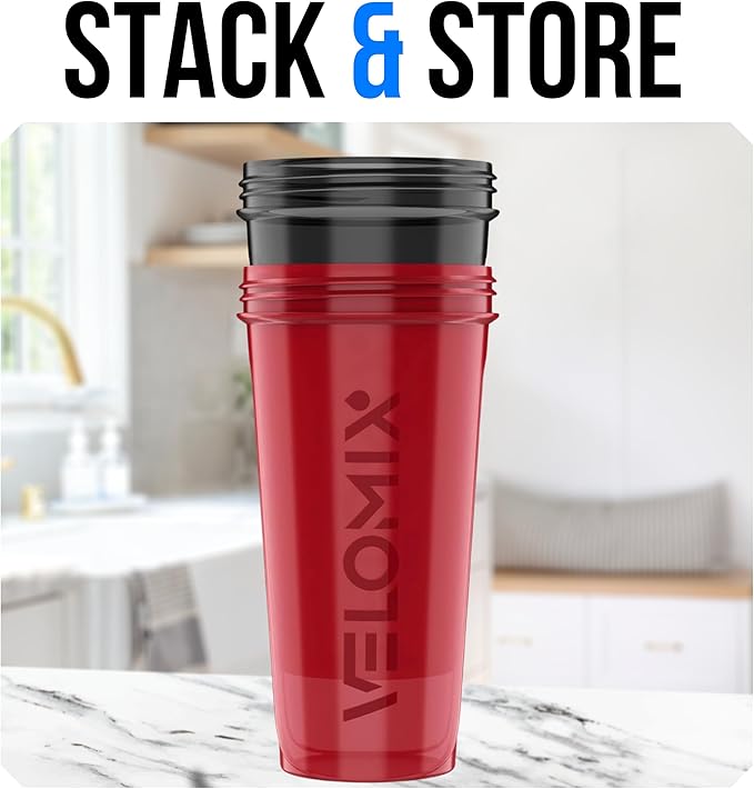 VELOMIX -2 Pack- 28 oz Protein Shaker Bottles for Protein Mixes - 2x Wire Whisk | Leak Proof Shaker Cups for Protein Shakes | Protein Shaker Bottle Pack | Shakers for Protein Shakes - Black&Red
