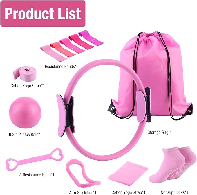 ASIEIT Home Pilates Kit for Women, Pilates Equipment with 5 Resistance Bands, 14'' Magic Circle, Pilates Ball and Ring Set, Pilates Essentials Kit for Home Toning, Strength and Flexibility