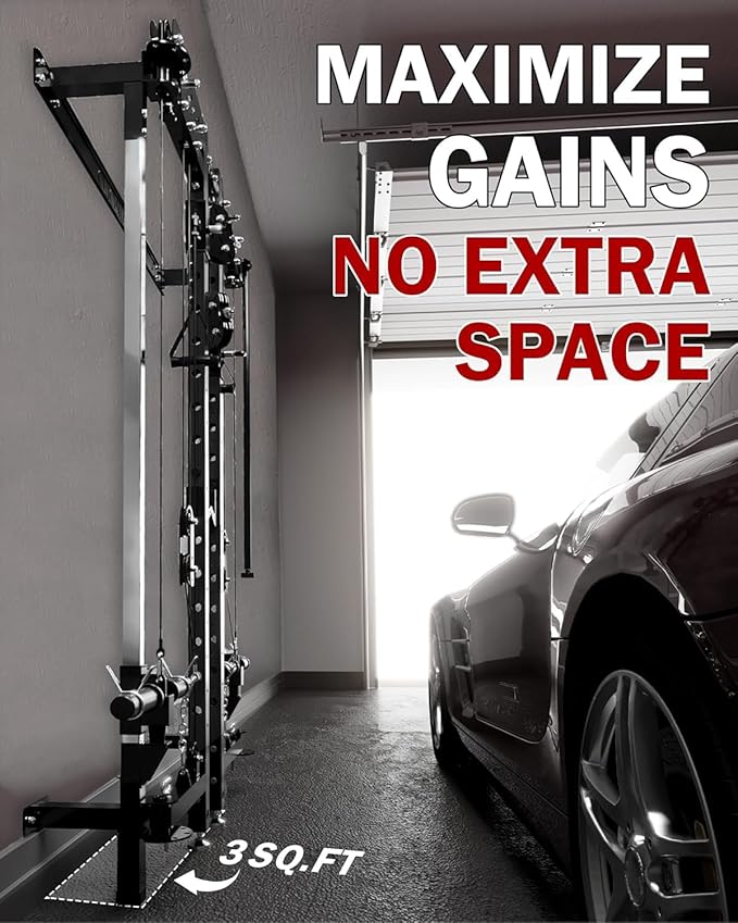 Mikolo Folding Squat Rack, Wall Mounted Power Rack with Cable Crossover Machine & LAT Pull Down, Functional Trainer with 5 Adjustable Function Modes, for Home Gym and Space Saving