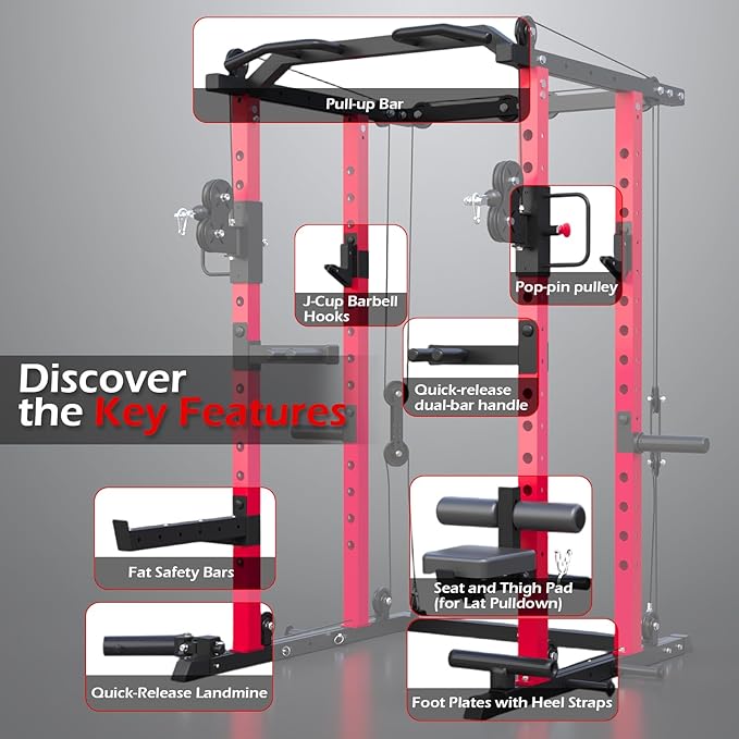 Power Squat Rack Cage Home Gym, 2000lbs All in One Dual Cable Crossover Machine with LAT Pulldown Strength Training Power Cages with Pulley Workout System, Garage Bench Press