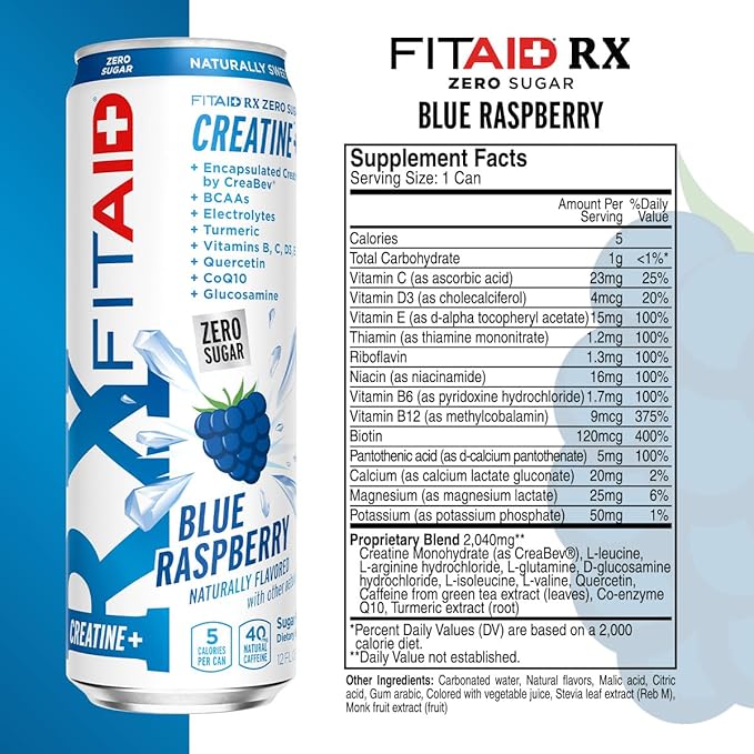 FITAID RX Zero Sugar, Encapsulated Creatine, Workout Recovery Drink, All-In-One Blend, BCAAs, Glucosamine, Turmeric, B-Complex, Electrolytes, Blue Raspberry, 12 Fl Oz (Pack of 24)
