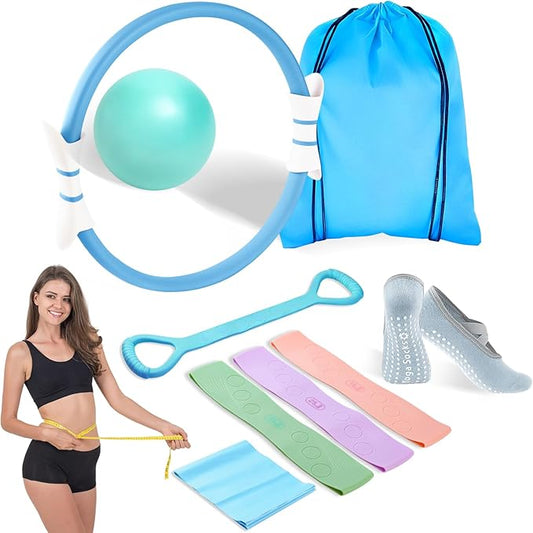 Luscinia Pilates Equipment Kit for Women Home Pilates Essentials Set with 14" Pilates Ring Circle 7" Pilates Ball Pilates Resistance Bands Figure 8 Band and Accessories Pink Pilates Kit for Beginners